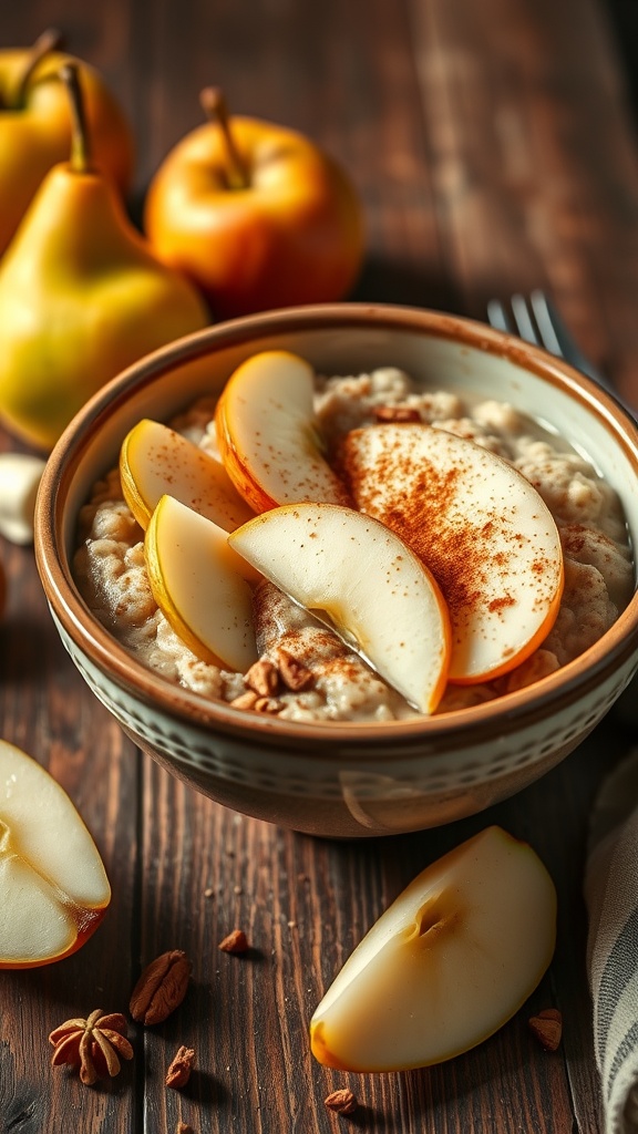 A bowl of creamy Pear Gingerbread Overnight Oats, topped with sliced pears and nuts, on a rustic wooden table.